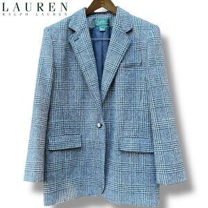 LAUREN Ralph Lauren Wmn’s Plaid Blazer Wool Houndstooth Tweed Gray Blue | Sz 16